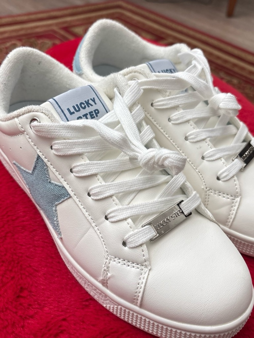Lucky Step Women’s White Sneakers with Light Blue Star Accent